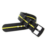 Seat Belt NATO Strap, Black and Yellow Stripe (Black PVD) | Straps House