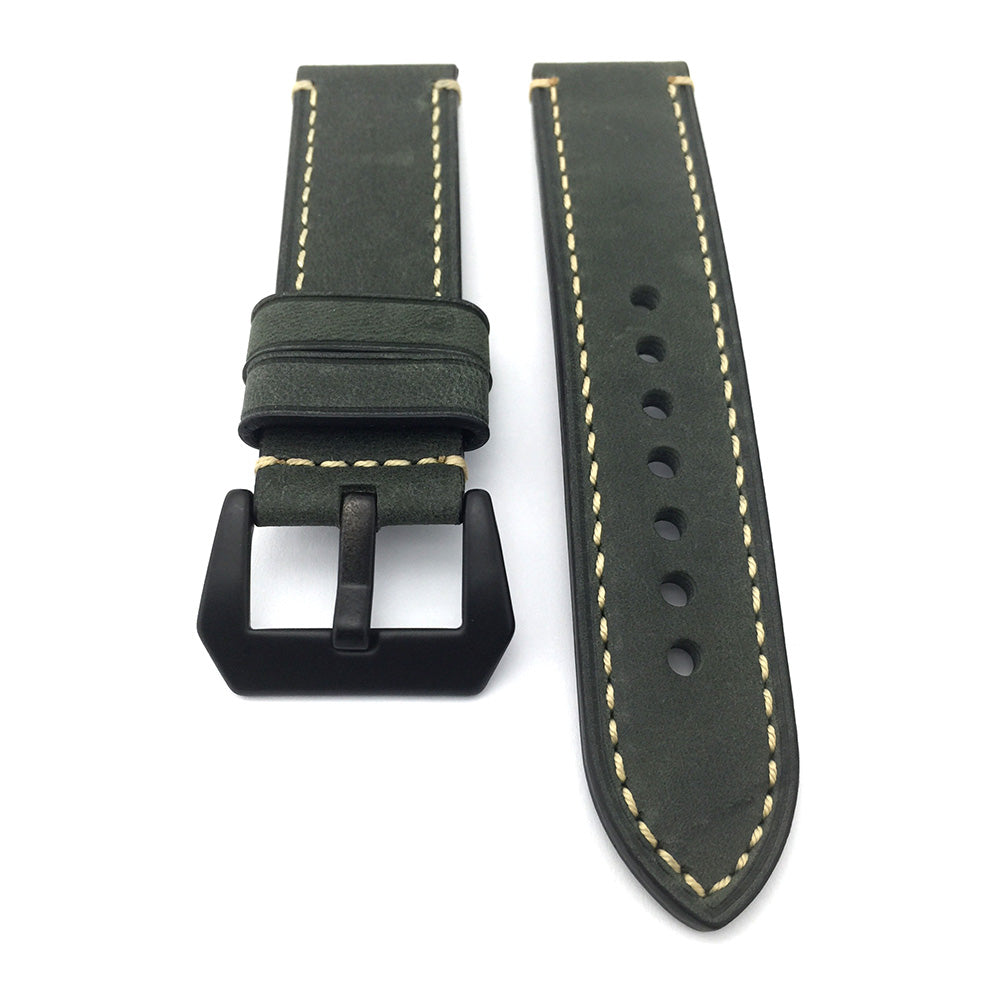 Black leather watch strap with light green stitch - Shop Teckel