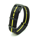 Seat Belt NATO Strap, Black and Yellow Stripe (Black PVD) | Straps House