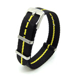 Seat Belt NATO Strap, Black and Yellow Stripe (Steel) | Straps House