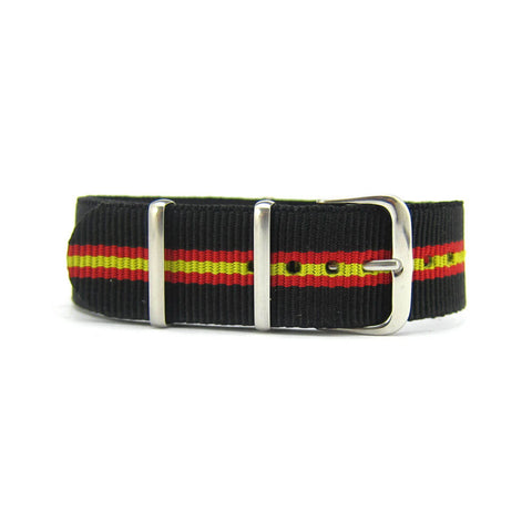 Military G10 NATO Strap, Black Red & Yellow Racing Stripes (Steel) | Straps House